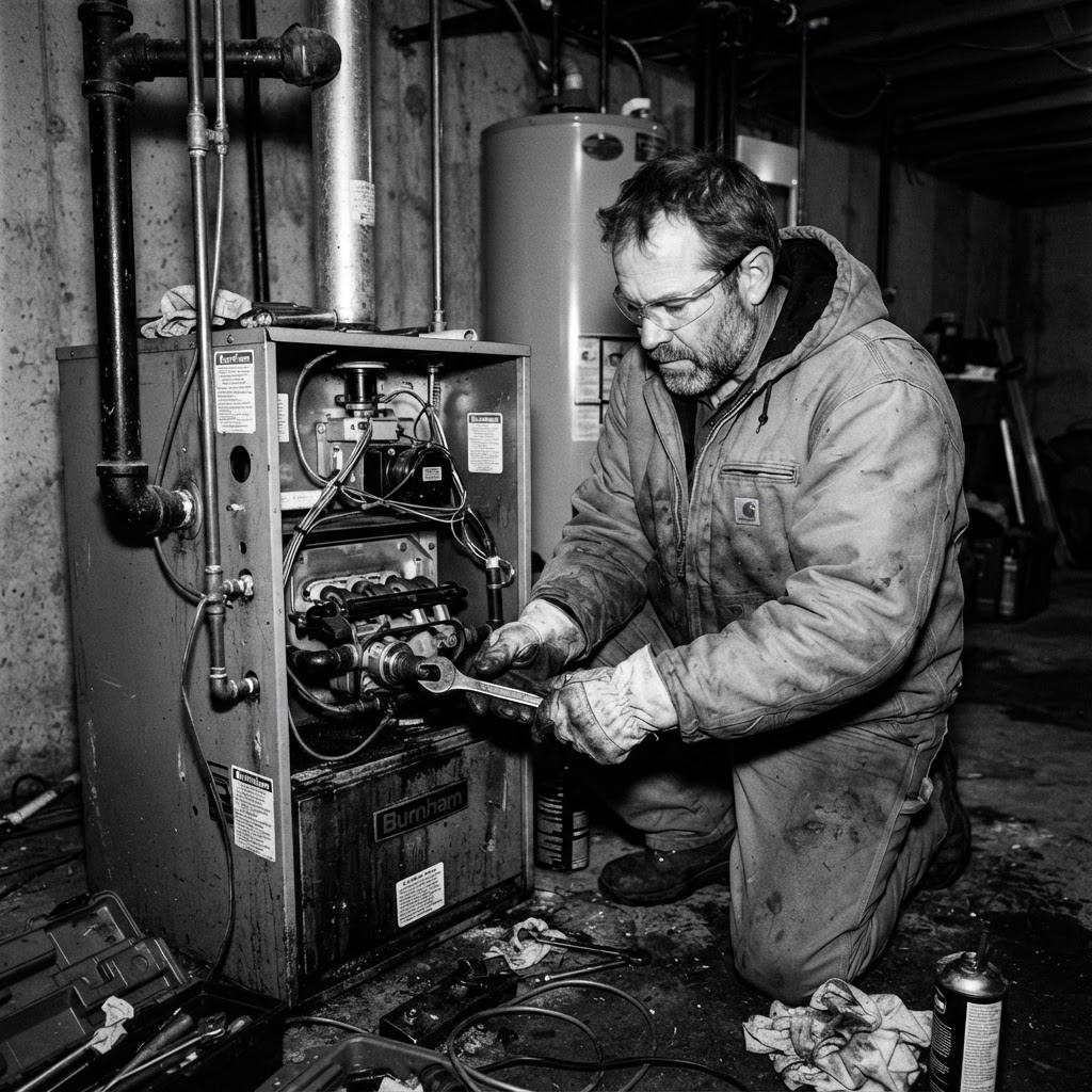 Technician servicing the burner assembly of a residential oil furnace